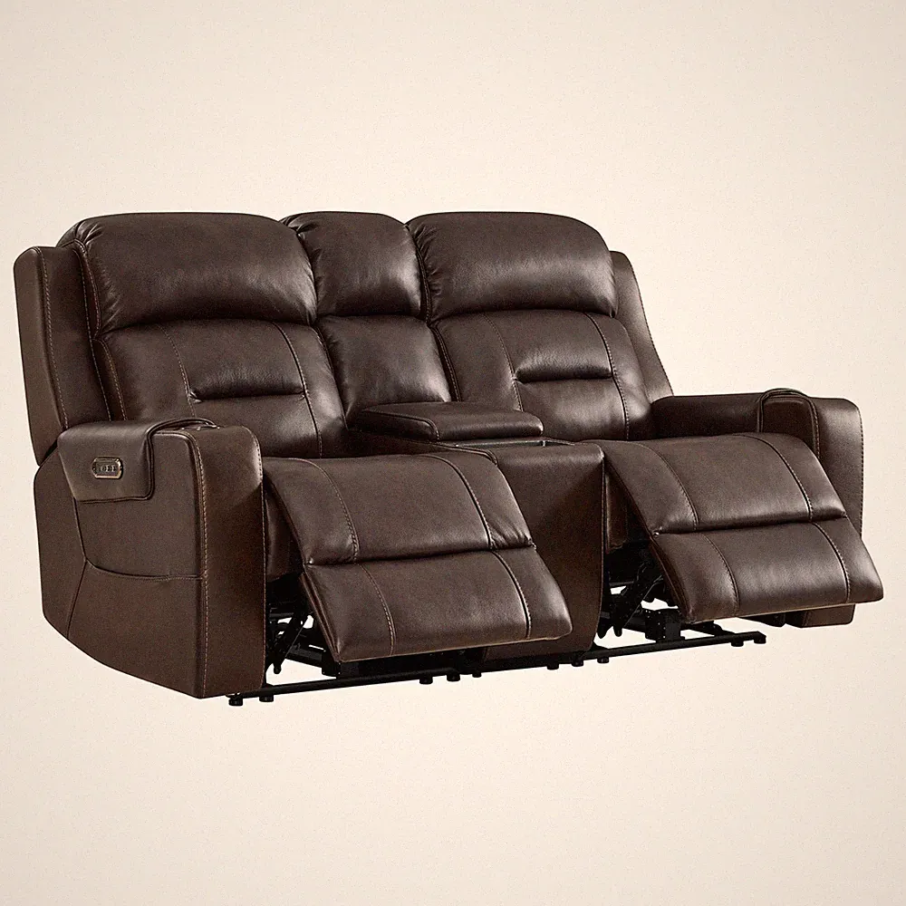 CHITA Genuine Leather Recliner Sofa, Lay Flat Reclining Sofa w/Storage Console